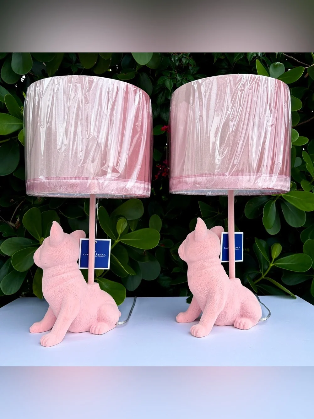 Pink Suede Frenchie French Bulldog Lamp Dog Puppy Velvet Fringe Shade (on right) - Picture 6 of 13